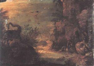 Landscape With Animals And Birds Beside A Water Pool by Roelandt Savery