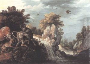 Rocky River Landscape With Two Bulls And A Fox Fighting by Roelandt Savery