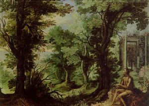 Saint Mary Of Egypt In A Wooded Landscape, Classical Ruins Beyond by Roelandt Savery