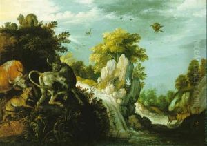 Rocky River Landscape With Two Bulls And A Fox Fighting, Other Animals Beyond by Roelandt Savery