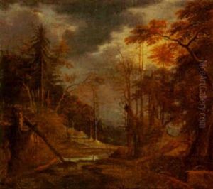 Gebirgige Waldlandschaft Mit Jaeger Im Mondlicht