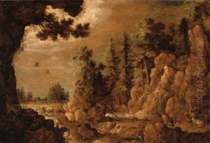 Deer And Waterfowl By A Torrent In A Forest