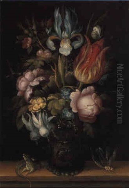 An Iris, Tulip And Other Flowers In A Roemer With Insects On A Wooden Ledge - view 1
