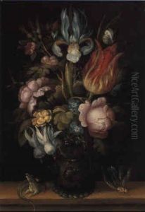 An Iris, Tulip And Other Flowers In A Roemer With Insects On A Wooden Ledge