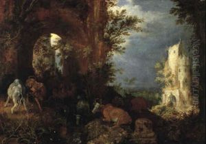 Cows, Deer, Waterfowl, Goats And Sheep By A Torrent Under An Arch
