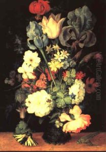 Blumenstuck Mit Schmetterlingen Und Heuschrecke by Roelandt Savery