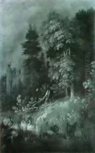 A Wardbug, Goat And Waterfowl By A Pond At The Edge Of A Forest. A Wardbug, Goat And Waterfowl By A Pond At The Edge Of A Forest.