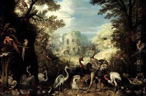 Exotic Birds In A Landscape, A Ruined Tower Beyond.