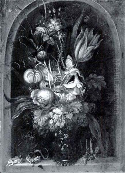 Still Life Of A Tulip, Iris, Roses, Jonquil And Other Flowers In A Glass In A Niche With A Grasshopper, Lizard - view 1