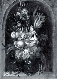 Still Life Of A Tulip, Iris, Roses, Jonquil And Other Flowers In A Glass In A Niche With A Grasshopper, Lizard by Roelandt Savery