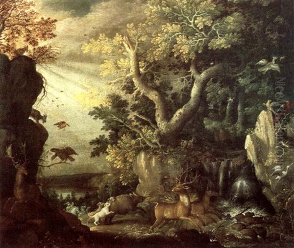 A Forest Scene With Deer, A Boar, Dogs And Various Birds - view 1