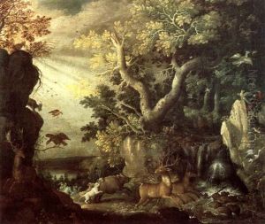 A Forest Scene With Deer, A Boar, Dogs And Various Birds