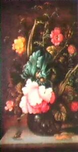 Bouquet De Fleurs Dans Un Verre Avec Une Mouche Et Une Chenille by Roelandt Savery