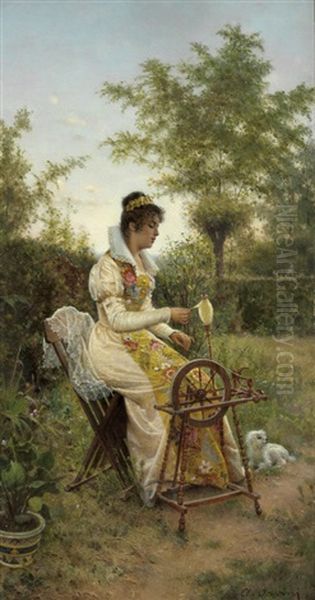 Elegante Dame Am Spinnrad In Einem Sommerlichen Garten - view 1