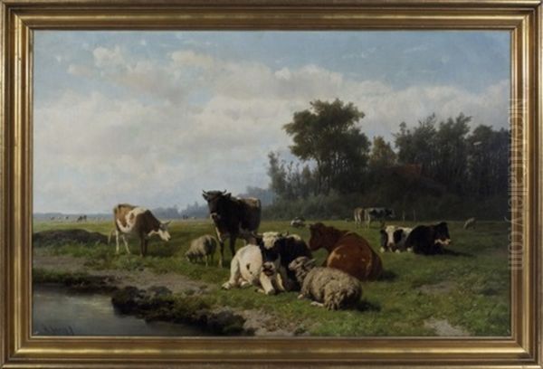 Pastoral Scene Of Cows And Sheep By A River - view 1
