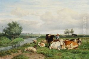 Vaches Et Moutons Au Bord De L'eau by Hendrik Savry