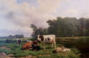 Vaches Et Jardinier Au Bord De La Riviere by Hendrik Savry