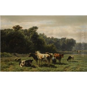 A Peasant With Cattle In A Sunlit Meadow by Hendrik Savry