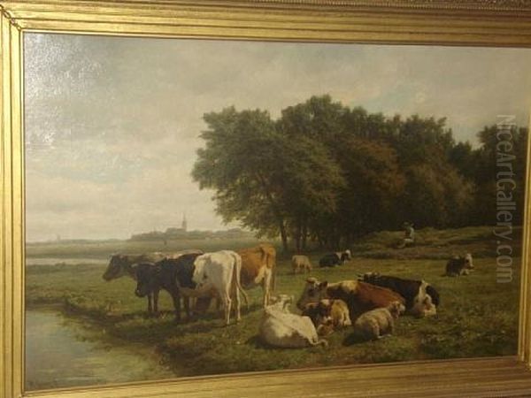 Cattle And Sheep By A Riverbank - view 1