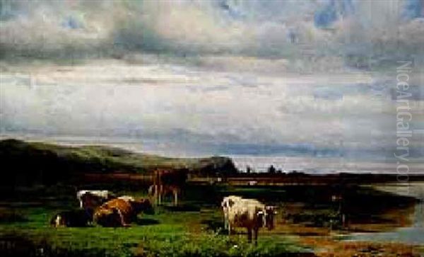 Cattle And A Cowherd Boy On A Riverbank - view 1