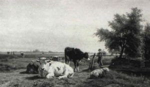 A Farmer Tending His Grazing Cattle A Farmer Tending His Grazing Cattle