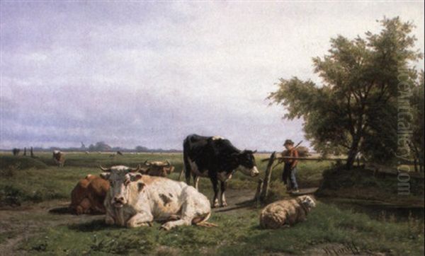 Cattle And Sheep In A Sunlit Dutch Landscape - view 1