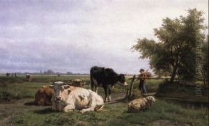 Cattle And Sheep In A Sunlit Dutch Landscape by Hendrik Savry