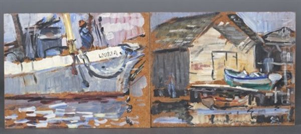 The Dingy Shed; Scene Of Man On Boat (pair) - view 1