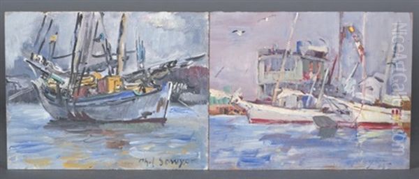 Scene Of Boats Docked At Harbor; Scene Of A Boat (pair) - view 1