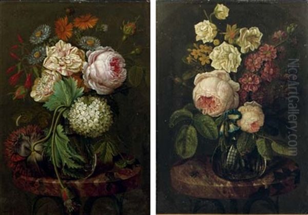 A Pink Rose, A Hydrangea, Yellow Heads And Other Flowers (+ Pink Roses, Primroses, Begonias And Other Flowers; Pair) - view 1
