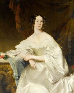 Portrait Of The Hon. Jane Edwards, Lady Dering In A White Silk Dress, Seated At A Table Before A Velvet Curtain