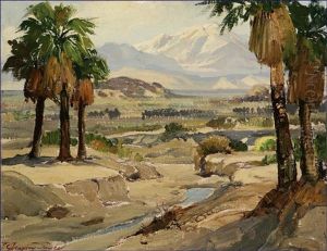 Palm Trees And Stream In A Desert Landscape by Fred Grayson Sayre