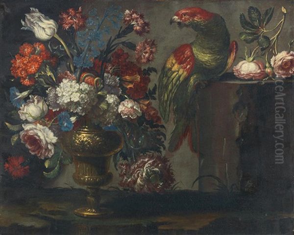 A Still Life Of Flowers In A Gilt Vase With A Parrot - view 1