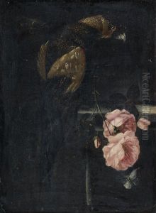 A Parrot On A Stone Ledge With Roses And A Butterfly by Andrea Scacciati I