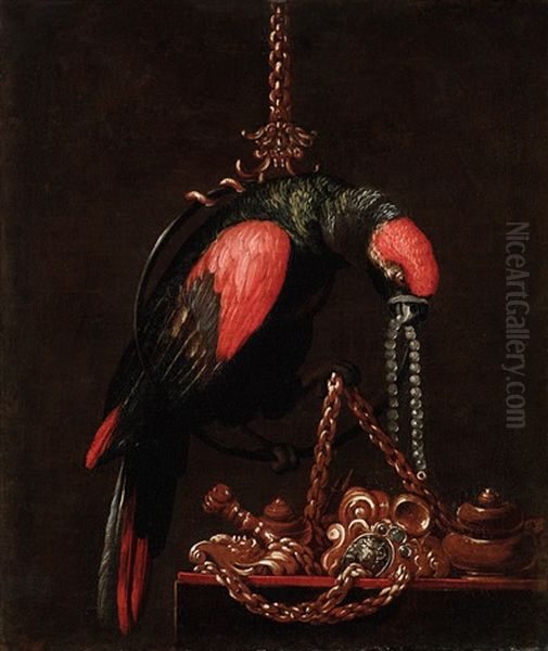 A Parrot Holding A String Of Pearls In Its Beak; And A Parrot Holding Jewellery In Its Beak - view 1