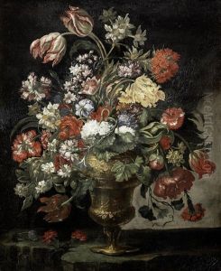 Tulips, Narcissi, Carnations And Other Flowers In A Bronze Urn On A Stone Ledge by Andrea Scacciati I