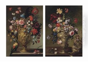 Roses, Parrot Tulips, Morning Glories, Carnations And Other Flowers In A Sculpted Urn On A Ledge With A Parrot; And Roses, Parrot Tulips, Carnations, Lilies-of-the-valley And Other Flowers In A Sculpted Urn On A Ledge With A Monkey by Andrea Scacciati I