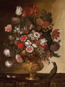Stillleben Mit Rosen, Tulpen Und Anemonen In Einer Reliefierten Bronzevase