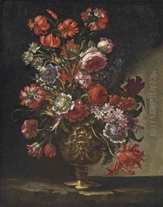 Roses, Parrot Tulips, Carnations, Lilies-of-the-valley And Other Flowers In A Sculpted Urn On A Ledge by Andrea Scacciati I
