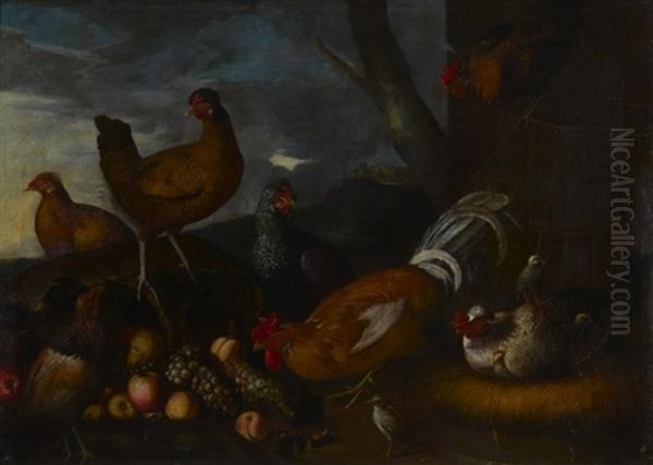 Dindons Et Canards Pres D'une Mare (+ Coqs, Poules Et Perdrix Autour D'une Corbeille De Fruits; Pair) - view 1