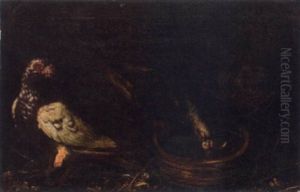 Pigeons At A Water Bowl With Squabs In A Nest by Pietre-Neri Scacciati