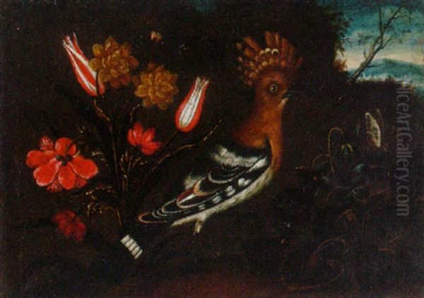 A Hoopoe With A Spray Of Flowers And A Butterfly, A Landscape Beyond - view 1