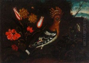 A Hoopoe With A Spray Of Flowers And A Butterfly, A Landscape Beyond