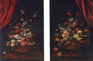 Still Lifes Of Flowers In A Silver Gilt Urn, Bearing The Medici Arms, With A Draped Red Curtain by Pietre-Neri Scacciati