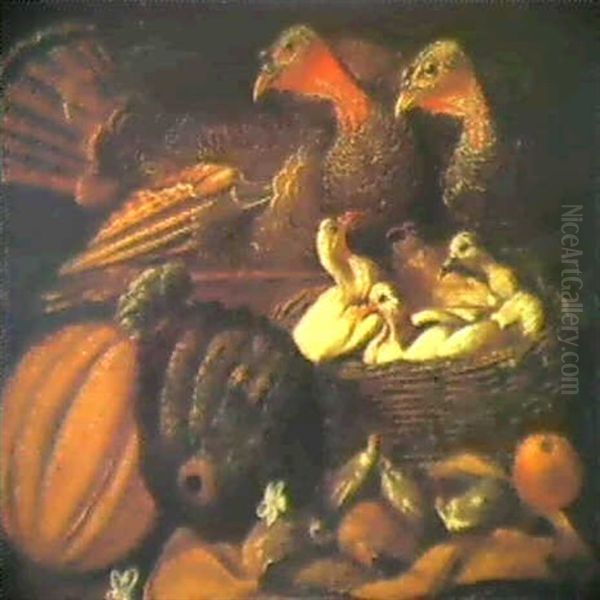 Two Turkeys, Chicks In A Basket, With Fruit In The Foregraound - view 1