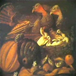 Two Turkeys, Chicks In A Basket, With Fruit In The Foregraound Two Turkeys, Chicks In A Basket, With Fruit In The Foregraound