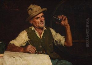 Elderly Man Drinking Wine And Smoking His Pipe by Luigi Scaffai