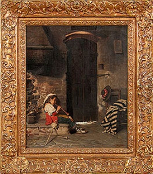 Interior Scene Of A Boy Playing An Instrument On A Hearth - view 1
