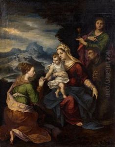 Le Mariage Mystique De Sainte Catherine Avec Saint Francois Et Saint Jean L"evangeliste by Ippolito Scarsella (see Scarsellino)