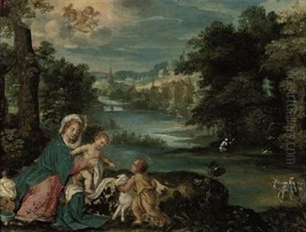 A River Wooded Landscape With The Madonna And Child With The Infant Saint John The Baptist, A Village Beyond (follower Of Hans Rottenhammer) - view 1